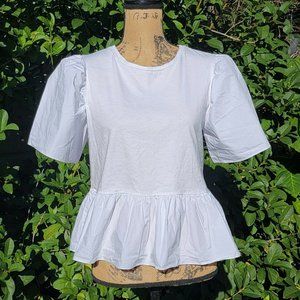 English Factory Top Blouse Shirt Short Puff Sleeve Peplum Hem